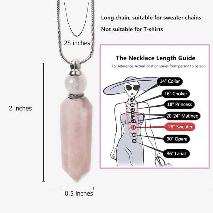 AMOYSTONE 1P Rose Quartz Crystal Perfume Necklace Long Chain Healing Stone Hexagonal Aroma Essential Oil Diffuser Perfume Natural Crystal Bottle Necklace Gifts