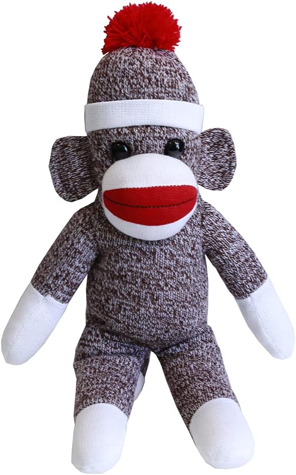 Plushland Adorable Sock Monkey, The Original Traditional Hand Knitted Stuffed Animal Toy Gift-for Kids, Babies, Teens, Girls and Boys Baby Doll Present Puppet (16'' Brown)