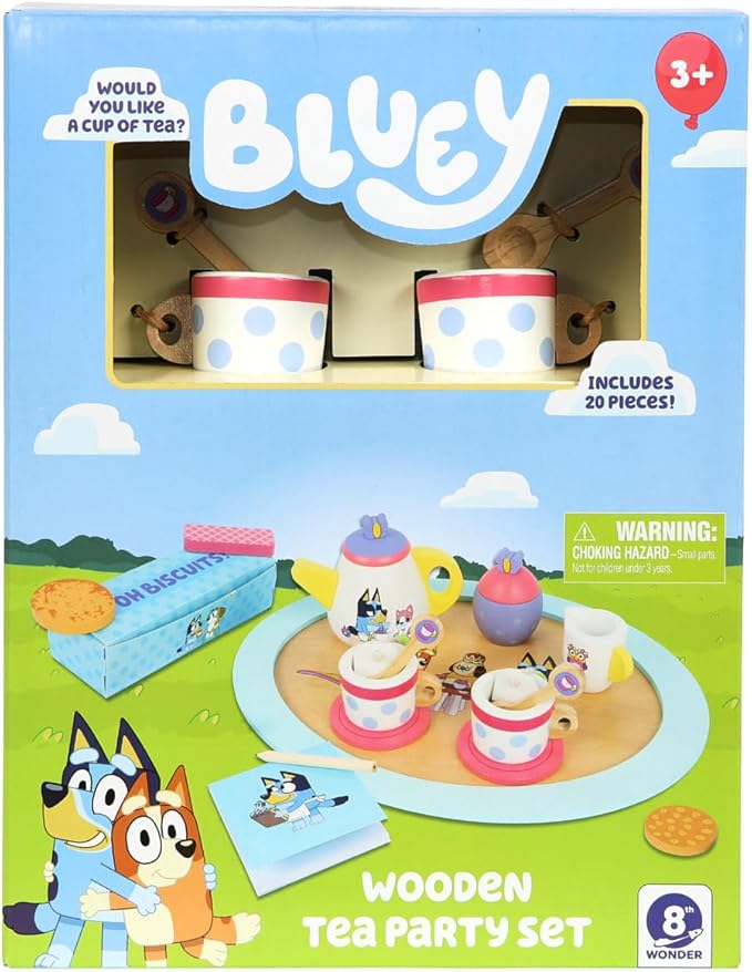 8th Wonder Bluey Toys Wooden Tea Party Set, 18-Piece Durable Toy Tea Set with Tray, Teapot, Teaspoons, and More, Pretend Play for Toddlers of Ages 3+