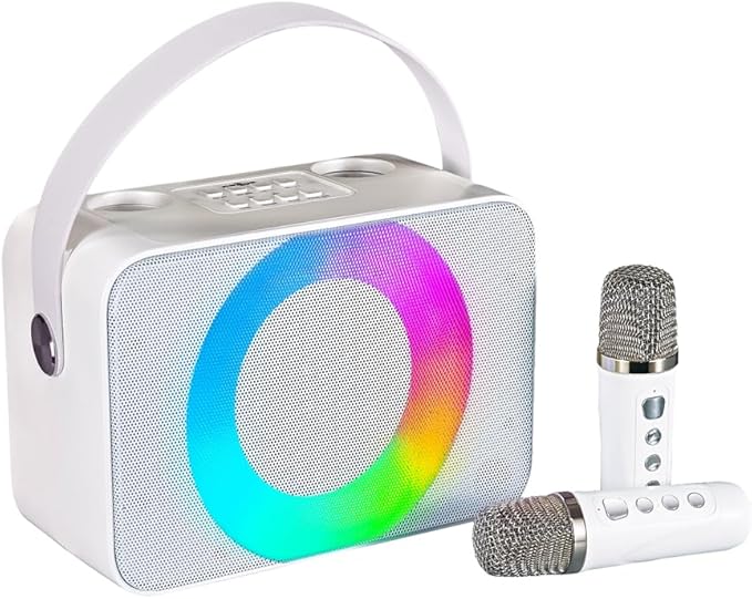 Portable Karaoke Machine for Adults,with 2 Wireless Microphones Karaoke Speaker,Carrying Handle/RGB Lights, Bluetooth 5.0 Mirophone,Supports USB/TF/AUX，Karaoke Machine for Home Party&Kids (White)