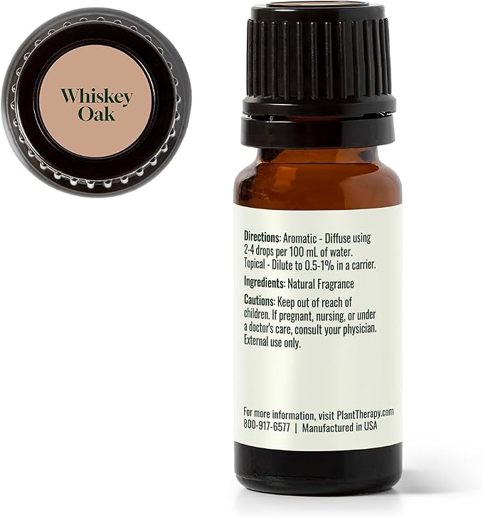 Plant Therapy Whiskey Oak Natural Fragrance 10 mL (1/3 oz) Exotic & Rich Woody Aroma with Hints of Vanilla, Evokes a Sense of Cozy Elegance, Naturally Derived Ingredients