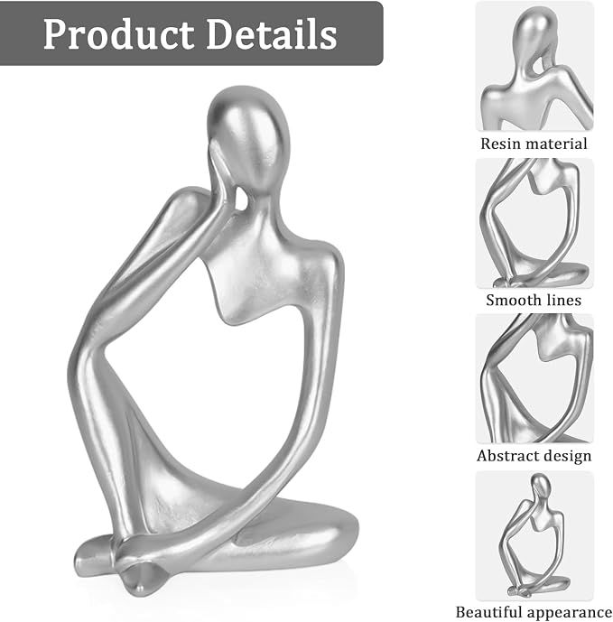 Sandstone Resin Thinker Statue Style Abstract Sculpture, Silver, Left | Small Statue Collectible Figurines, Modern Aesthetic Ornament for Home Office Bookshelf Desktop Coffee Table Decor