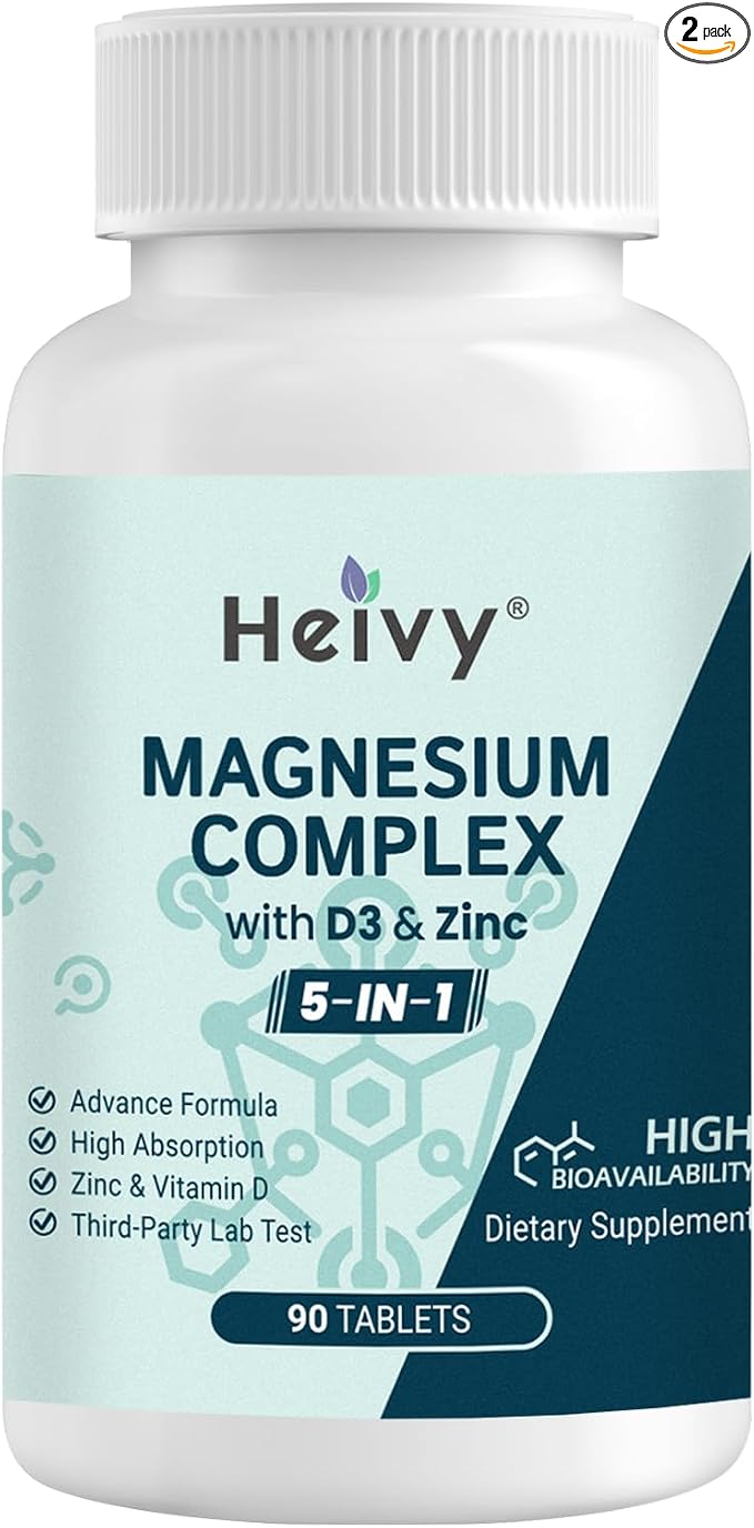 Heivy Magnesium Complex 2 Pack, Magnesium Glycinate, Citrate, Malate, Oxide, Gluconate with Zinc and Vitamin D3, Magnesium Supplement for Muscle, Nerve, Heart, Bone Support, High Absorption