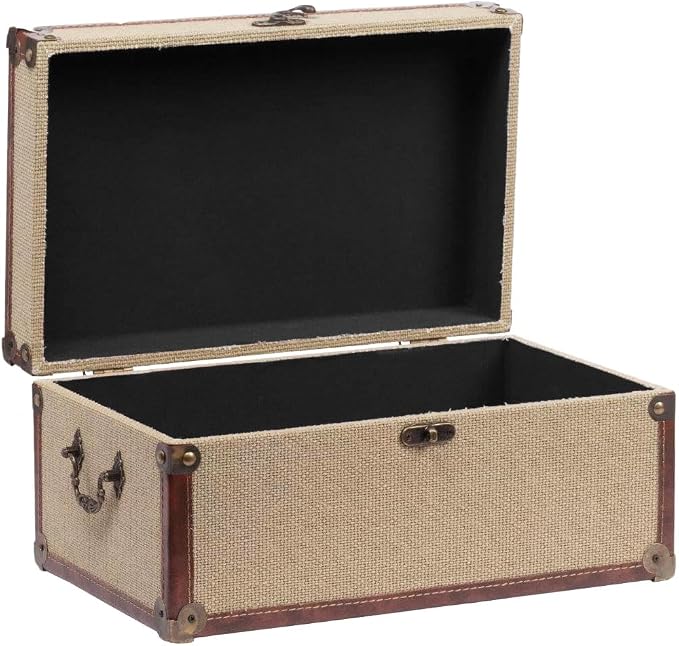 Farmhouse Decorative Storage Trunks Set of 3 Linen and Wood Boho Vintage Boxes with Metal Handles and Clasp, Rustic Wooden Keepsake Chests for Living Room, Entryway & Bedroom Organization