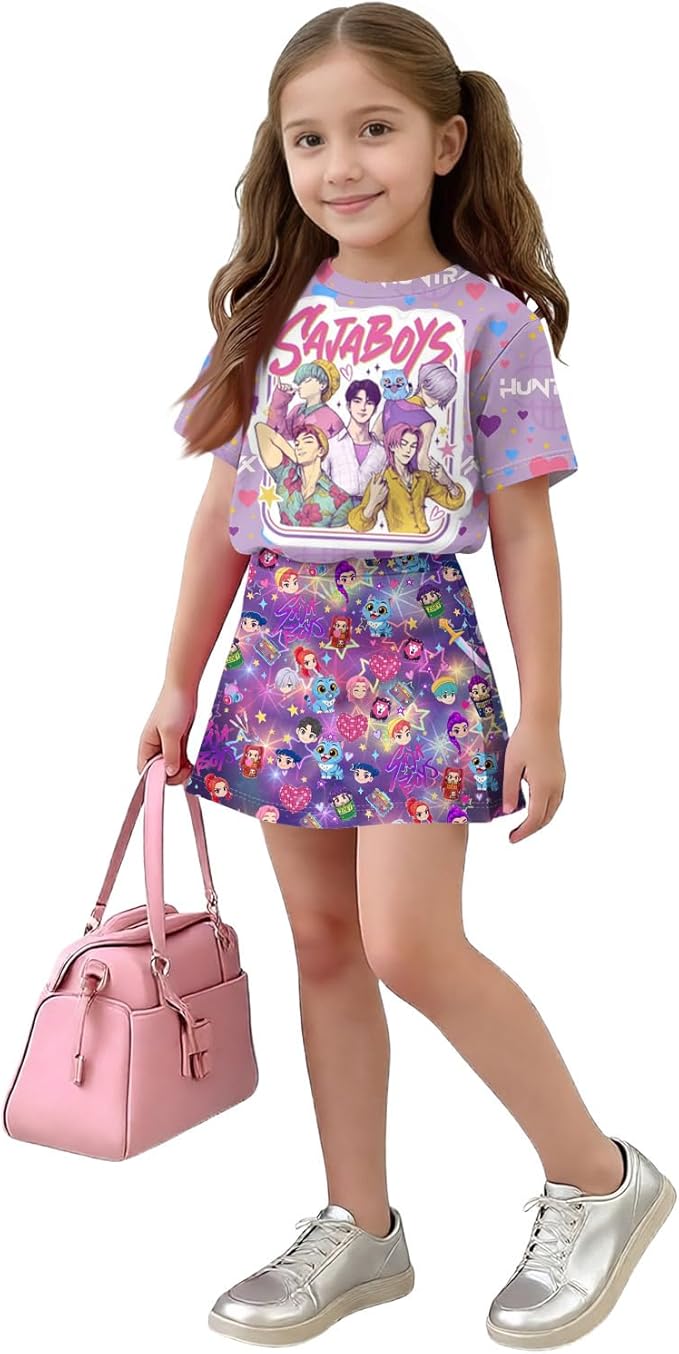 HTHLVMD K Pop Short Sleeve T-Shirt and Skirts Outfits Set for Girls Hunters Rumi Mira Zoey Graphic Tees De-Mon Costume