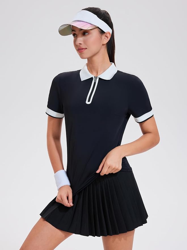 Tennis Skirt Sets for Women Zipper Color Block High Waisted Golf Polo Two Piece Skirt Set Women 2 Piece Outfits