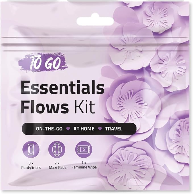Essential Flows Kit with 3 Pantiliners, 2 Maxi Pads & 1 Feminine Wipe – Light Daily Period Care for Women & Girls – Travel Hygiene Pack (Purple) (1)