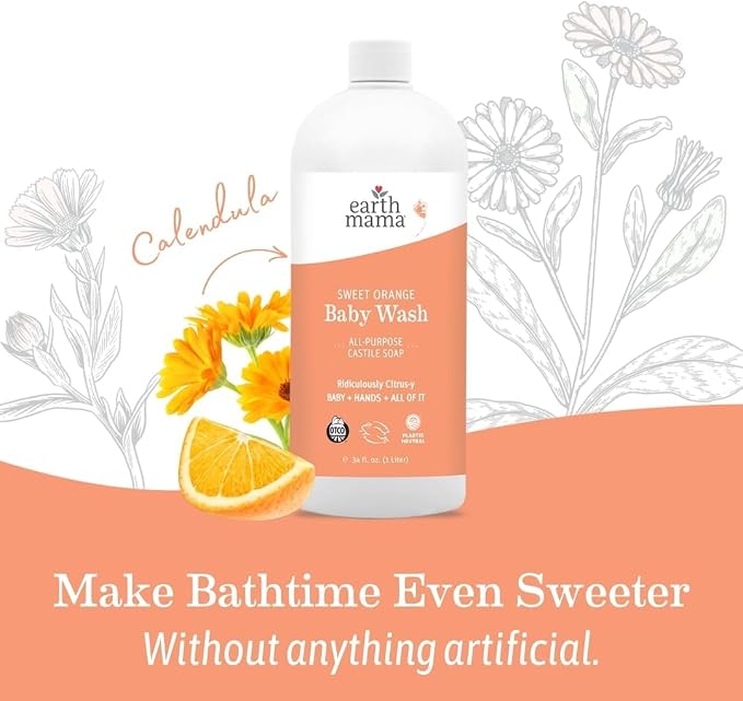 Earth Mama Sweet Orange Baby Wash Liquid Hand Soap Refill, Body Wash for Sensitive Skin, All Purpose Castile Soap Liquid with Coconut Oil, Shea Butter, Calendula & Aloe, 34 fl oz