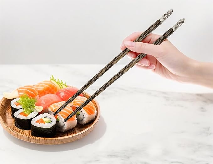 Wooden Chopsticks 9⅞" Long Coconut Palm Wood Chopstick With Metal Monkey Top Eating Utensil Oriental Cutlery Asian Tableware Decorative Dinnerware to Serve Chinese Japanese Korean Food