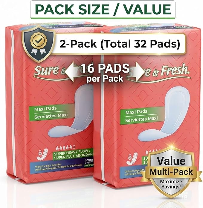 Sure & Fresh® Maxi Pads, Super Heavy Flow, Unscented, Without Wings, Individually Wrapped, 2 Pack of 16 Count