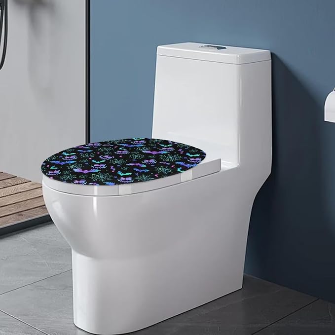 Toilet Seat Cover, Flannel Soft DustProof Toilet Lid Cover, Fits Most Most Round, Elongated and Oblong Toilet Lid Cover-Halloween Bat Design