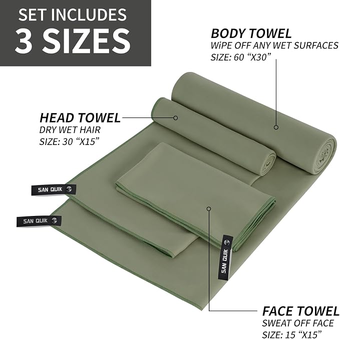 Quick Dry Camping Towel with EVA Case, Microfiber Travel Towel 3 Size at 1 Pack, Super Absorbent Lightweight Fast Drying Towel Set for Beach, Gym, Sports, Backpacking, Yoga & Swimming Pool, Army Green
