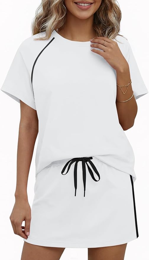 Womens 2 Piece Skirt Sets Summer Tennis Outfits Vacation Skort Set | Two Piece Sets, Short Set, Athletic Workout Golf Outfits, Crew Neck, Color Block, Drawstring, Workout Mathcing Lounge Sets