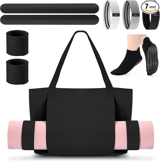 Halloscume Yoga Bag Set for Women Including Yoga Mat Tote Bag, Booty Resistance Bands, Non Slip Sports Socks Silicone Ties for Pilates Travel Workout Office Home Gym