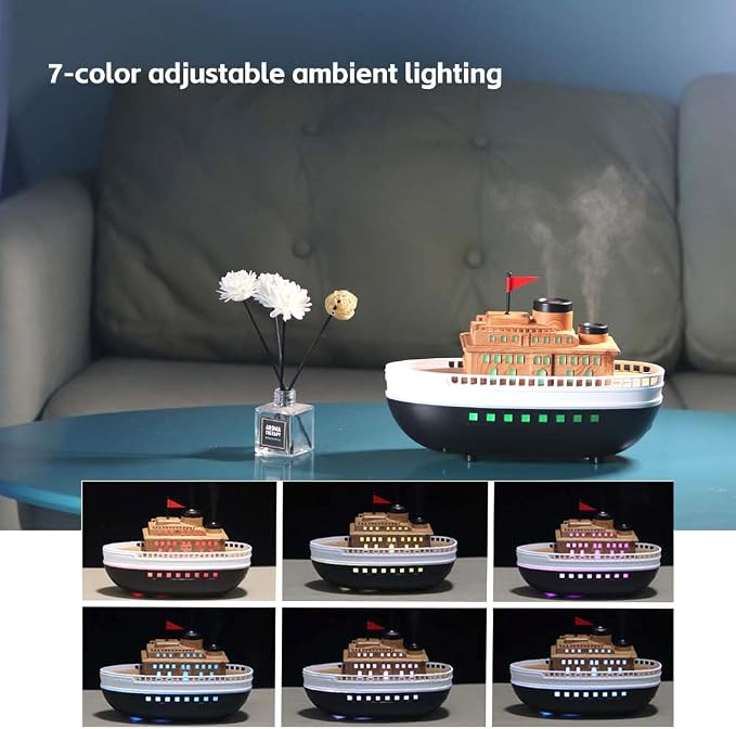 Wood-Look Cartoon Boat Ornament Oil Diffusers with 300ml Capacity for Large Rooms, Auto Shut-Off Dual-Hole Spraying Mist & 8-Hour Aromatherapy Humidifier, Type-C Port Connection for Bedroom Office