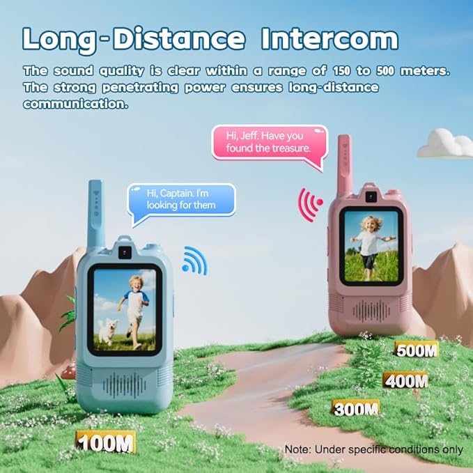 Video Walkie Talkies for Kids 2 Pack with Dual Camera, 2.0” Screen, Voice Chat & Photo Capture – 150–500m Range, Fun Voice Effects, Auto Pairing, 650mAh Rechargeable Battery