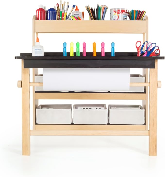 Guidecraft Deluxe Art Center: Kids Arts and Crafts Table and Chairs Set with Storage Shelves, Bins, Paper Roll for Drawing and Painting | Wooden Art Desk for Kids Playroom | Toddler Activity Table