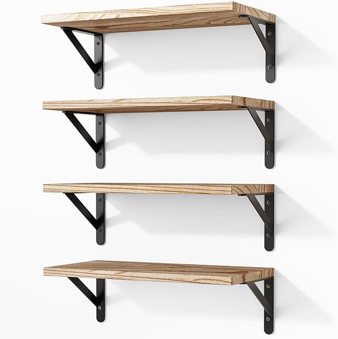 Fixwal Floating Shelves for Wall, Wood Wall Mounted Shelves for Bedroom, Bathroom, Living Room, Kitchen Storage and Decor(Rustic Brown, Set of 4, 16.5 Inch)