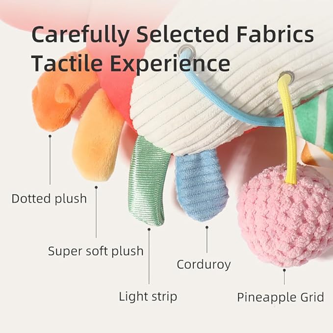 Crab Car Seat & Stroller Toy for Babies 0-12 Months, Sensory Hanging Toy with Rattle, Mirror, Squeaker, BPA-Free Pull Strings, Fine Motor Skills Baby Gift for Newborn Infant Boy Girl