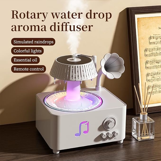 Vintage Record Player Essential Oil Diffuser 310mL Aromatherapy Diffuser with LED Light & Fragrance Diffusion, Quiet Humidifier for Home Bedroom Office Yoga, Retro Decor Air Freshener White
