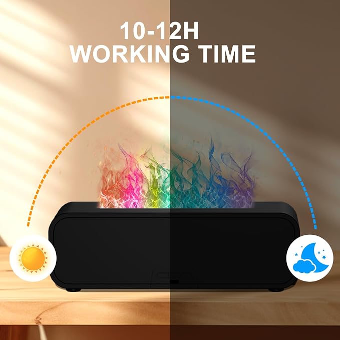 Flame Essential Oil Diffuser, 250ml Aromatherapy Humidifier with 7-Color Sound-Reactive LED, Realistic Fire Effect, Ultra-Quiet Cool Mist Maker, Remote, Timer, Auto-Off for Home, Office