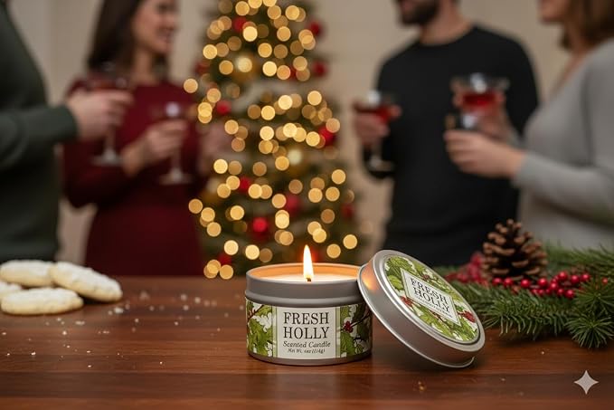 Greenwich Bay Hand-Poured Scented Candle in Decorative Tin – 4 oz/114 g Travel Candle with Lead-Free Wick, Vegetable Wax, Long-Burning Aromatherapy Gift, Single Wick – Made in USA (Holly)