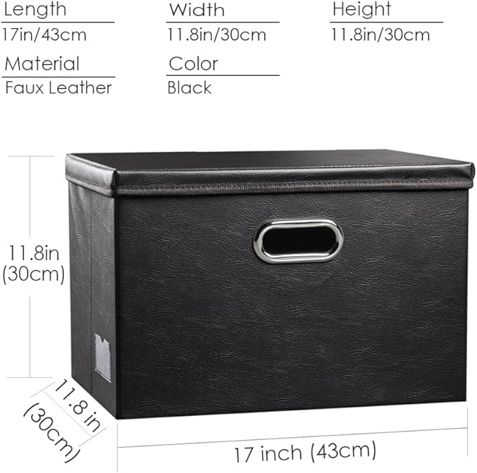 Large Foldable Storage Bins with Lids [3-Pack] Leather Fabric Collapsible Storage Boxes Organizer Containers Baskets Cube with Cover for Home Bedroom Closet Office Black(17.7x11.8x11.8)
