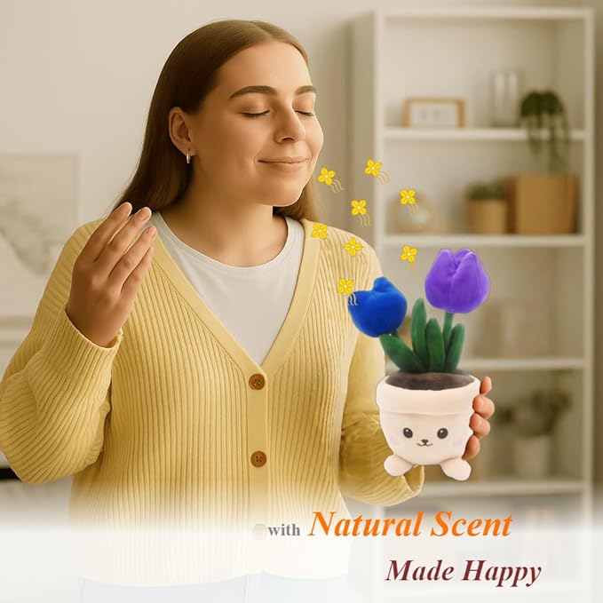 Stuffed Plant Plush Toy, Happy Face Flower Plushies Plant Pillow Decorationr with Natural Scent, Adorable Stuffed Flower for Christmas Horror Plush Halloween(Purple Tulip)