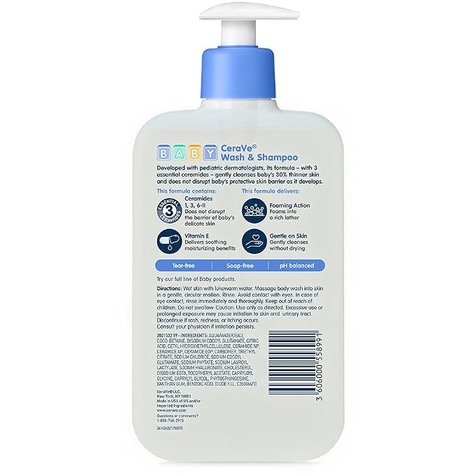 CeraVe Baby Wash & Shampoo, Tear-Free 2-in-1 Bath Wash for Hair & Skin, with Vitamin E, Fragrance-Free, Paraben-Free, Dye-Free, Phthalates-Free, Sulfate-Free, 16oz