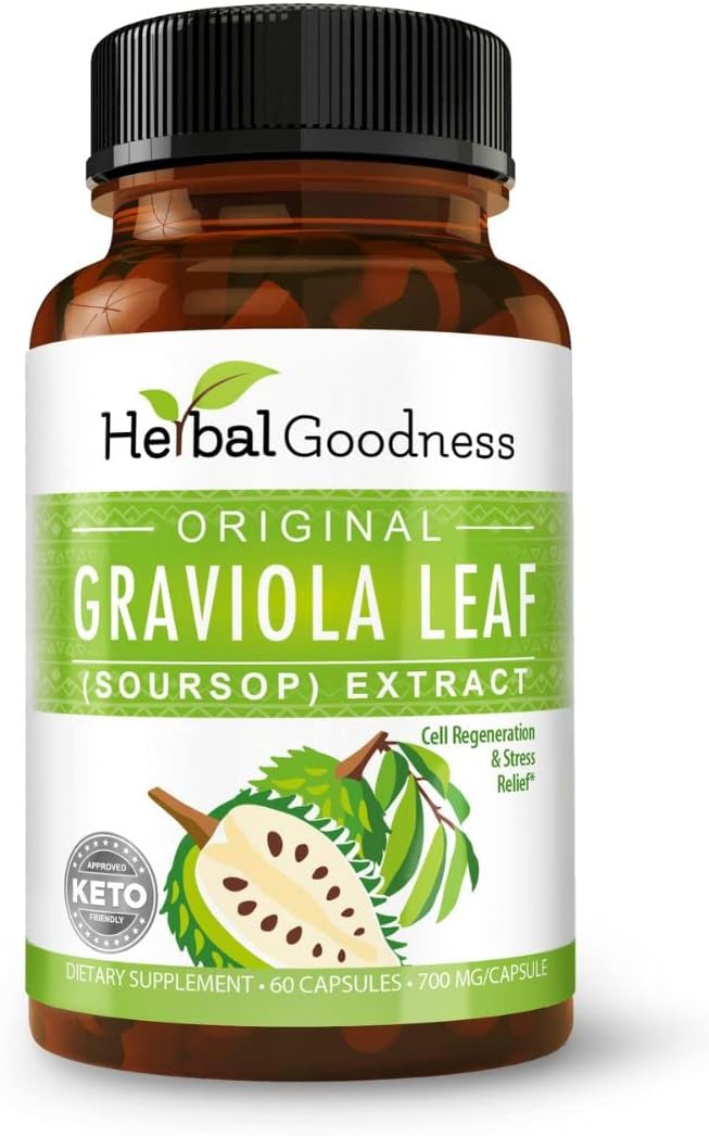 Herbal Goodness Soursop Capsules - 4X Strength Guanabana Soursop Leaves Extract for Cell Function & Immune Support | Digestive Health Supplement - Non GMO, USDA Organic Graviola 60 Vegan Pills 700mg