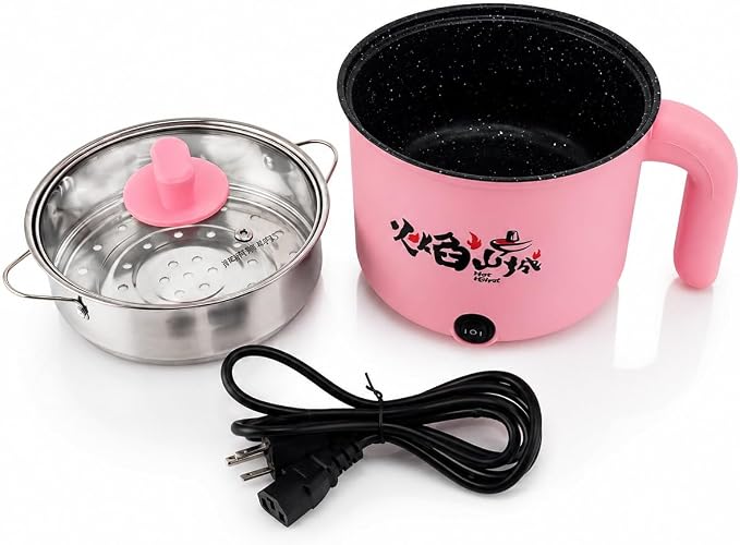 VEGAS Electric Hot Pot with Stainless Steel Steamer, 1.7L Mini Portable Ramen Noodle Cooker, Nonstick Electric Cooking Pot with Glass Lid for Dorm Travel Office - Steam & Boil, 7 Inch, Color Random