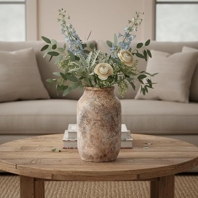 Rustic Terracotta Vase, Farmhouse Ceramic Vase, Decorative Clay Vintage Vases for Home Decor, Living Room,Table, Shelf Decor, 9 inch, Brown