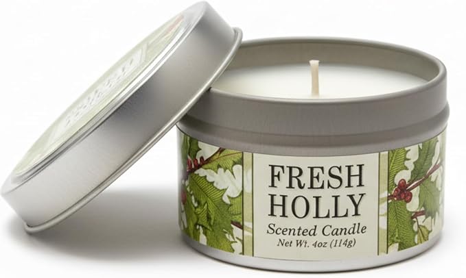 Greenwich Bay Hand-Poured Scented Candle in Decorative Tin – 4 oz/114 g Travel Candle with Lead-Free Wick, Vegetable Wax, Long-Burning Aromatherapy Gift, Single Wick – Made in USA (Holly)