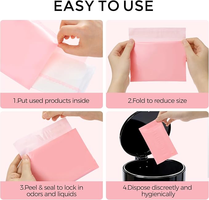 Sanitary Napkin Disposal Bags, Sanitary Bags for Feminine Hygiene Products Tampon Disposable Bags for Sanitary Pads - 100 Ct, 10"x6" Pink Self-Adhesive
