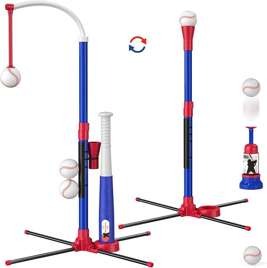 HYES 3-in-1 Baseball Set for Kids 3-5 - Tee Ball Stand, Hanging Tee, Ball Launcher and 6 Softballs - Adjustable Height, Indoor/Outdoor Sport Gifts for Boys Girls, Blue