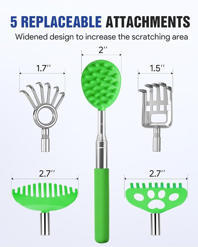 Gelibo Telescoping Back Scratcher with 5Pcs Detachable Heads, Extendable Back Massager Tool, Fathers Day Dad Gifts from Wife Daughter Son, Mens Gifts, Husband with Beautiful Box - Green