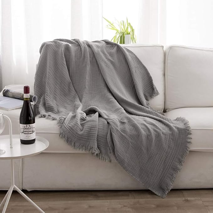 Simple&Opulence Cotton Muslin Throw Blanket for Bed, Couch, Knit Woven Gauze Blanket with Tassels, Soft Lightweight Cozy Pre-Washed Breathable Farmhouse Decoration for All-Season (Grey)
