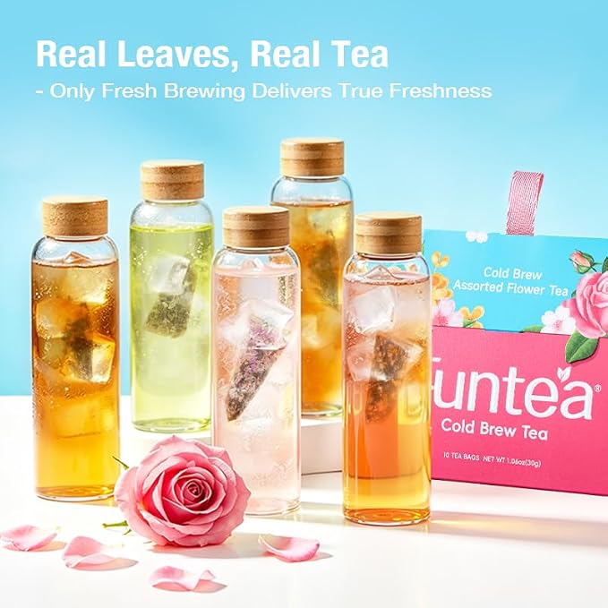 Funtea Cold Brew Flower Tea Bags, Caffeine Free Herbal Tea, Unsweetened Natural Floral Tea, Individually Wrapped, Refreshing Iced Tea for Daily Hydration, 10 Count(Pack of 1) (Assorted Flower Tea-10 Count)