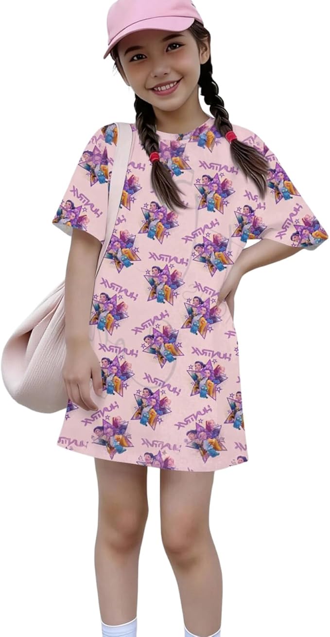 Girl's Anime K-POP Graphic Long Dress T-Shirt - Casual Loose Fit Short Sleeve Top