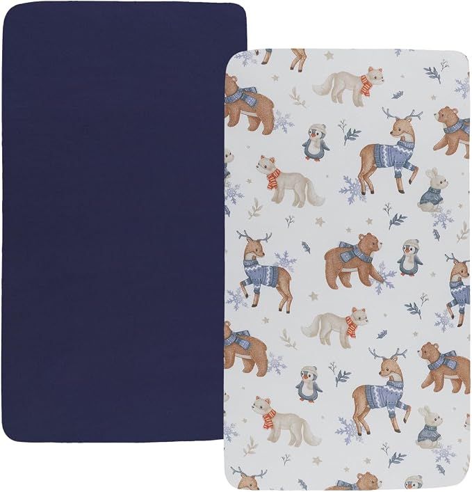 Stretchy Fitted Crib Sheets Set 2 Pack Portable Crib Mattress Topper for Baby Girl Boy,Ultra Soft Jersey Material, Dark Blue & Bear Deer