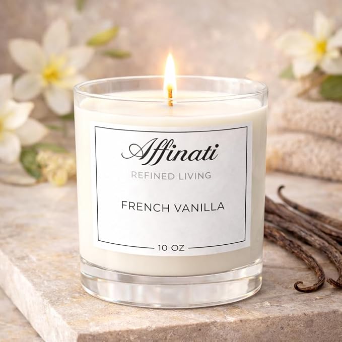 French Vanilla Affinati 10 oz Scented Candle for Home – Long Lasting Fruity Soy Blend Candle with Wooden Wick, Strong Scent Throw Glass Jar Candles, Premium Clean Burning Aromatherapy Gifts