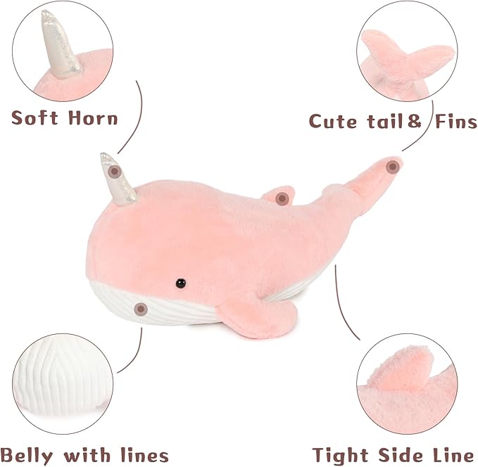 Tezituor 24 Inch Narwhal Stuffed Animal, Cute Pink Large Stuffed Whale Toy, Hugging Soft Narwhal Pillow Gift for Girls Kids