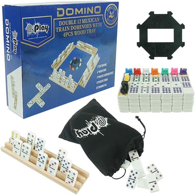 PUREPLAY Mexican Train Dominoes Set - Double 12 Colored Dot Dominoes - Includes 91 Tiles with 9 Trains, 4 Wooden Trays and Storage Bag for 2-8 Players Ages 8+