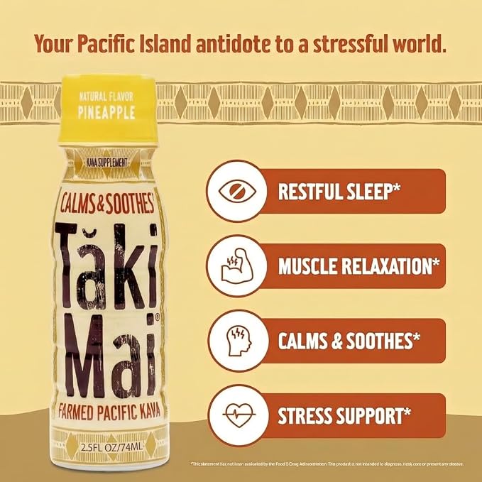 Taki Mai Pineapple Kava Kava 2.5 oz (6-pack) Shots – Noble Kava Root Drink, Ready to Drink for Stress Support & Relaxation, Fast Acting Herbal Support for Calming Better Sleep and Balanced Mood