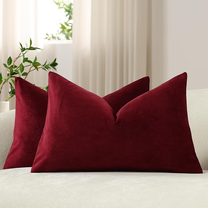 Lumbar Pillow Covers 12x20 Wine Red: Pack of 2 Cozy Soft Velvet Rectangular Modern Luxury Decorative Throw Pillow Cases for Christmas Sofa Couch Living Room Bed Home Decor