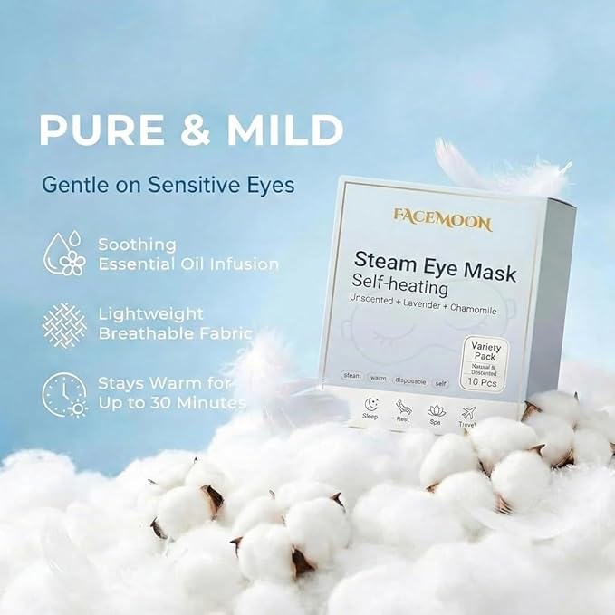 FACEMOON Self Heating Steam Eye Masks: Disposable Moist Warm Compress for Dry Eyes, Eye Strain, Stye & Stress Relief – No Microwave Needed for Relax, Travel, Sleep & Spa, Unscented