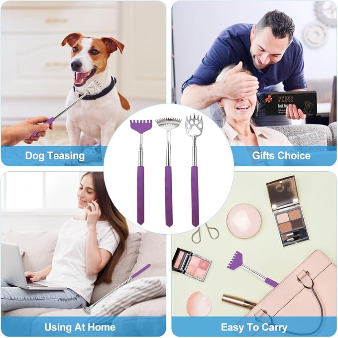 Yeipis 3 Pack Different Back Scratcher Metal Portable Telescoping Back scratchers with Rubber Handles, Extendable Back Massager Tool with Beautiful Box Stocking Stuffers for Men Women（Purple）