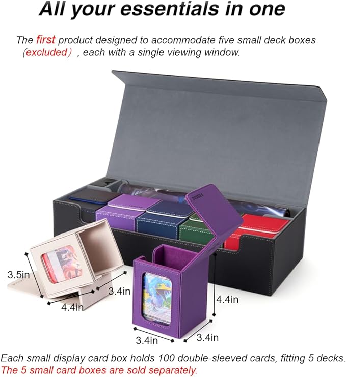 Venssu MTG Deck Box Holds 5 Display Card Deck Boxes with Playmat and Dice Box,Includes 10 colorful dividers and 1 card supporter, Trading Card Storage Box For Magic Game Cards (Black and Grey)
