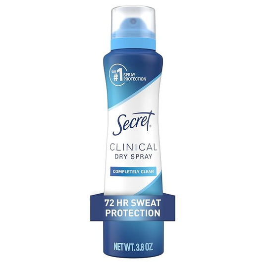 Secret Clinical Strength Dry Spray Antiperspirant Deodorant for Women, 3X Stress Protection, 72hr Sweat & Odor Protection, PH Balancing Minerals, Completely Clean Scent, 3.8 oz