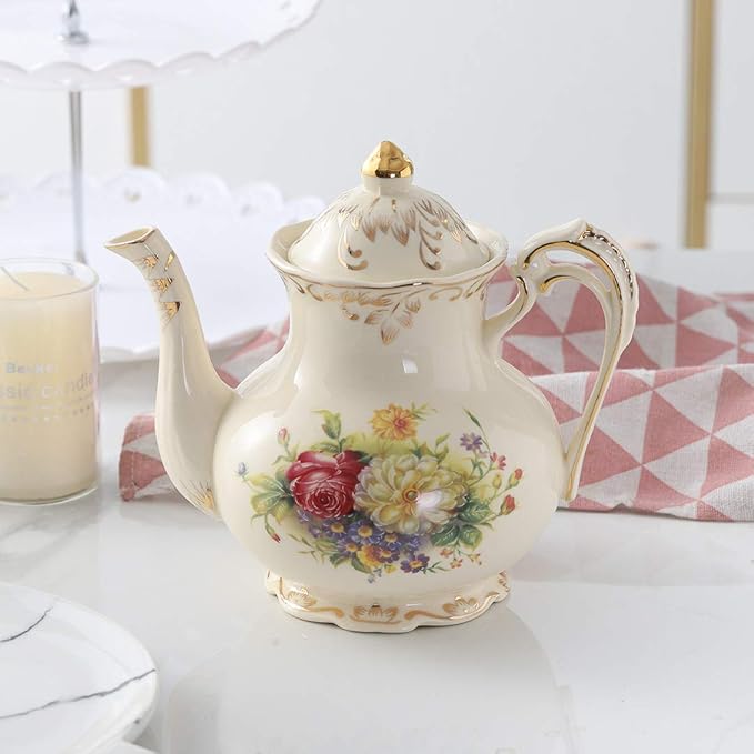 YOLIFE Flowering Shrubs Teapot, 25 OZ/ 3 Cup Vintage Ivory Porcelain Tea Pot, Ivory Floral Teapot with Gold Trim